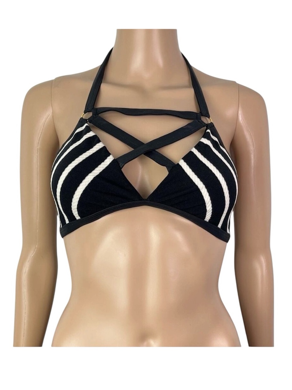 Robin Piccone Black White Stripe Harness Triangle Halter Bikini Top